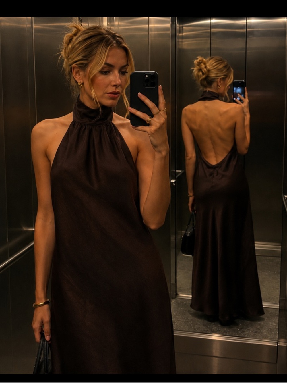 Elegant Brown Halter Satin Maxi Dress